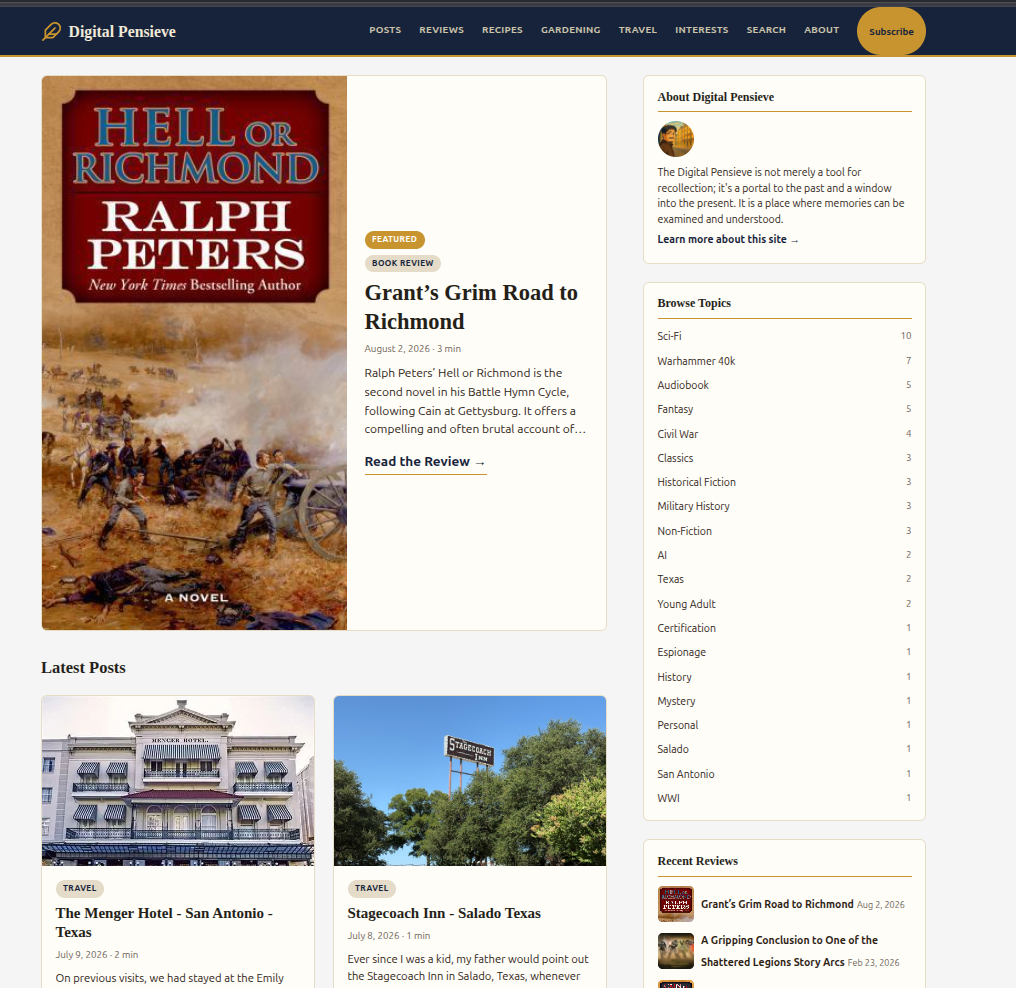 Digital Pensieve homepage, showing featured post and latest posts